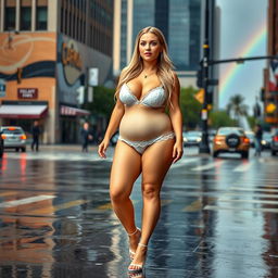A beautiful, innocent, and cute young woman with a voluptuous and curvy figure walks confidently through a busy downtown intersection, soaking wet in the rain on a sunny day, with a rainbow visible in the distance