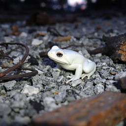 A white frog expertly camouflaged amidst the gray and black ashes of a recently extinguished campfire