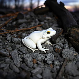A white frog expertly camouflaged amidst the gray and black ashes of a recently extinguished campfire
