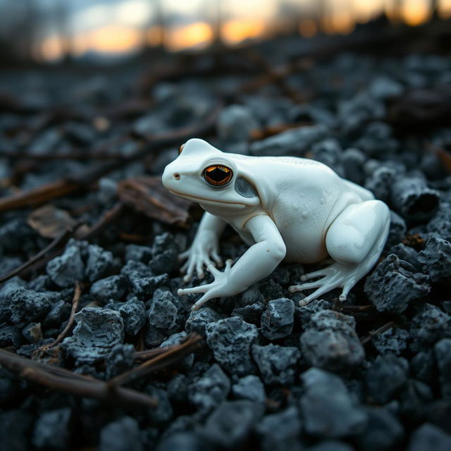 A white frog expertly camouflaged amidst the gray and black ashes of a recently extinguished campfire