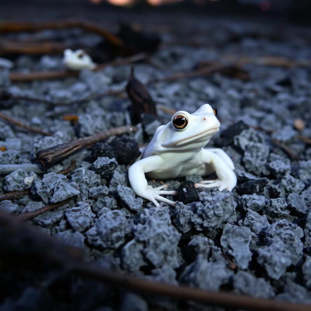 A white frog expertly camouflaged amidst the gray and black ashes of a recently extinguished campfire