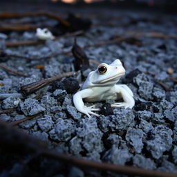 A white frog expertly camouflaged amidst the gray and black ashes of a recently extinguished campfire