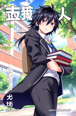 A dynamic light novel cover featuring a black-haired teen wearing a school uniform, standing confidently in a vibrant school environment