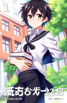 A dynamic light novel cover featuring a black-haired teen wearing a school uniform, standing confidently in a vibrant school environment