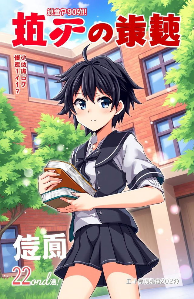 A dynamic light novel cover featuring a black-haired teen wearing a school uniform, standing confidently in a vibrant school environment