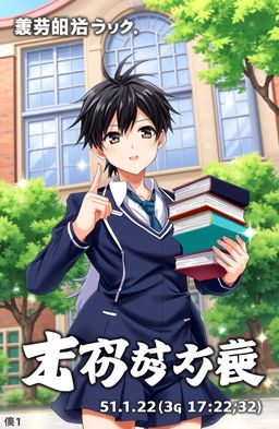 A dynamic light novel cover featuring a black-haired teen wearing a school uniform, standing confidently in a vibrant school environment