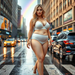 A beautiful and innocent young woman with a voluptuous and curvy figure walks through a busy downtown intersection, dripping wet in the rain while the sun shines brightly, revealing a rainbow in the distance