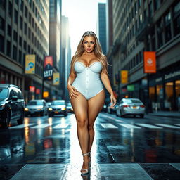 A beautiful and innocent young woman with a voluptuous and curvy figure walks through a busy downtown intersection, dripping wet in the rain while the sun shines brightly, revealing a rainbow in the distance