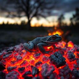 An ash-colored frog perfectly camouflaged among the glowing embers of a dying campfire, blending seamlessly into the warm tones of glowing ashes