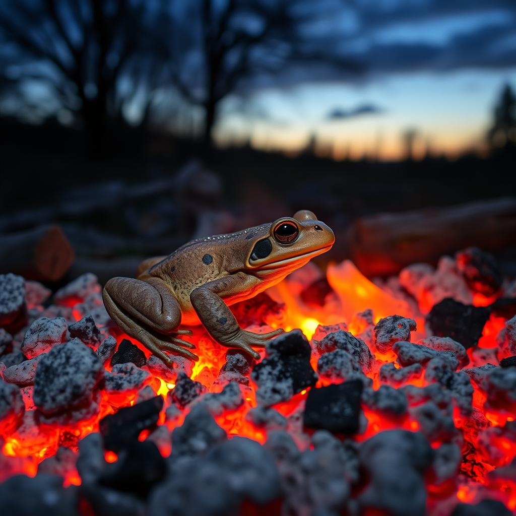 An ash-colored frog perfectly camouflaged among the glowing embers of a dying campfire, blending seamlessly into the warm tones of glowing ashes