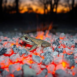 An ash-colored frog perfectly camouflaged among the glowing embers of a dying campfire, blending seamlessly into the warm tones of glowing ashes