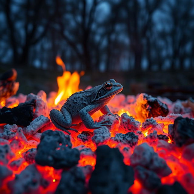 An ash-colored frog perfectly camouflaged among the glowing embers of a dying campfire, blending seamlessly into the warm tones of glowing ashes