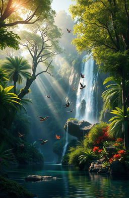 A stunning, immersive environment scene showcasing a lush rainforest with vibrant green foliage, tall trees, and a waterfall cascading down a rocky cliff
