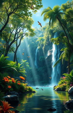 A stunning, immersive environment scene showcasing a lush rainforest with vibrant green foliage, tall trees, and a waterfall cascading down a rocky cliff