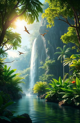A stunning, immersive environment scene showcasing a lush rainforest with vibrant green foliage, tall trees, and a waterfall cascading down a rocky cliff