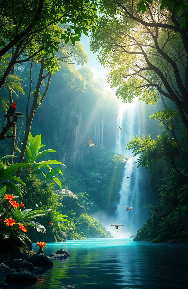 A stunning, immersive environment scene showcasing a lush rainforest with vibrant green foliage, tall trees, and a waterfall cascading down a rocky cliff