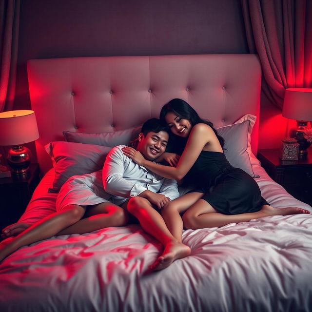 A romantic nighttime scene in a stylishly decorated bedroom featuring a Chinese man lying down and lovingly hugging two beautiful, sexy women, all dressed in elegant pajamas