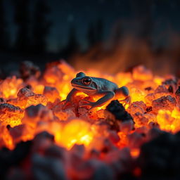 A white colored frog camouflaged in the glowing ashes of a dying campfire, surrounded by soft glowing embers that illuminate the scene with an ethereal glow