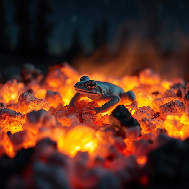 A white colored frog camouflaged in the glowing ashes of a dying campfire, surrounded by soft glowing embers that illuminate the scene with an ethereal glow