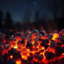 A white colored frog camouflaged in the glowing ashes of a dying campfire, surrounded by soft glowing embers that illuminate the scene with an ethereal glow