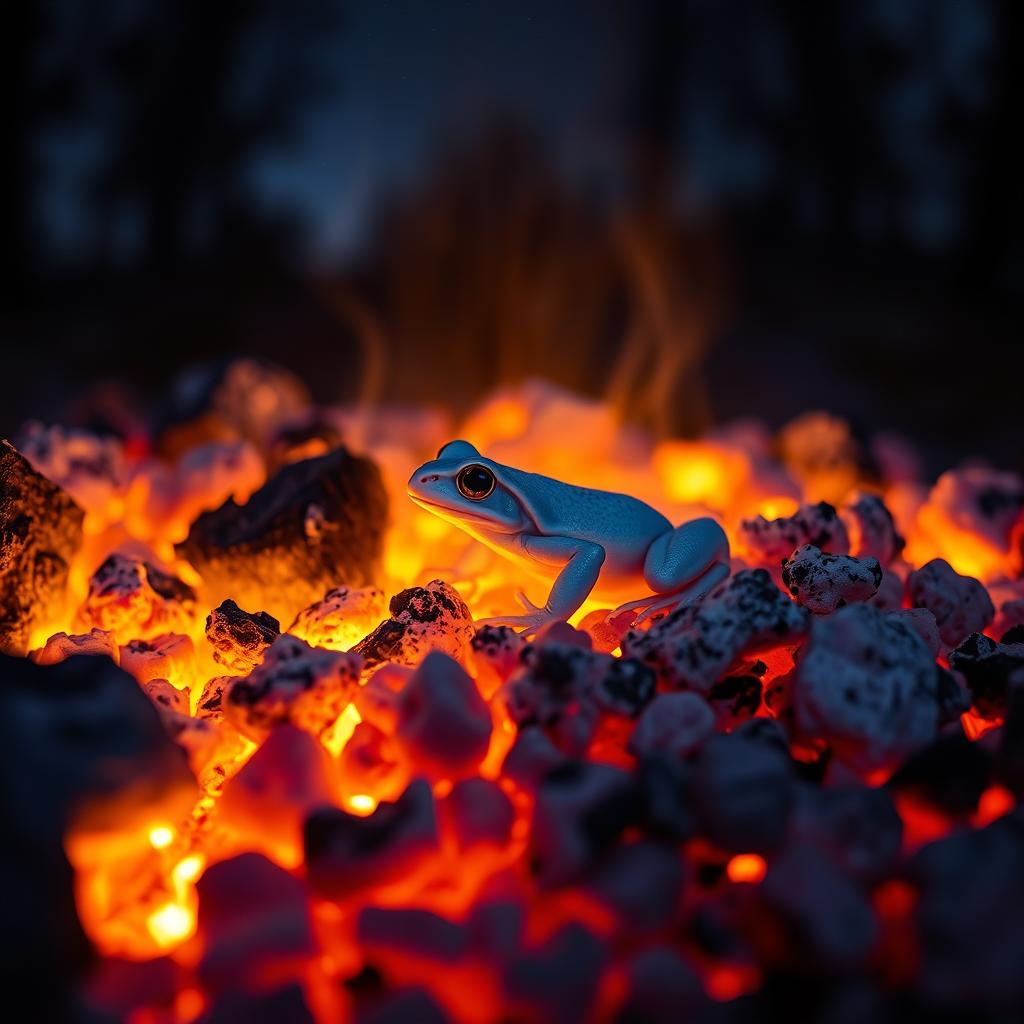 A white colored frog camouflaged in the glowing ashes of a dying campfire, surrounded by soft glowing embers that illuminate the scene with an ethereal glow