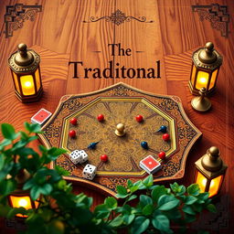 A captivating book cover design for a traditional game, featuring an ornate, vintage-style illustration of a classic game board surrounded by essential game pieces like dice, pawns, and cards