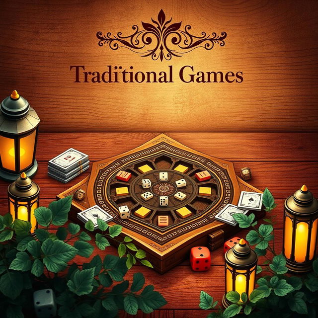 A captivating book cover design for a traditional game, featuring an ornate, vintage-style illustration of a classic game board surrounded by essential game pieces like dice, pawns, and cards