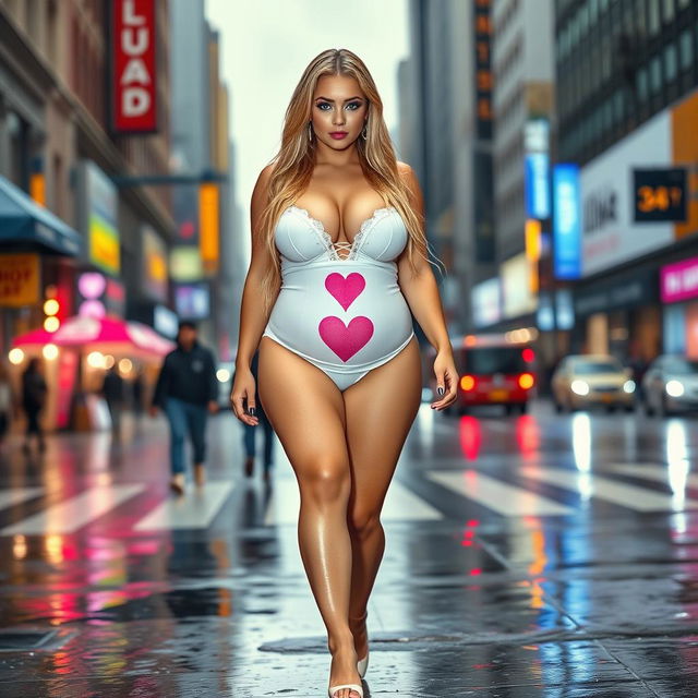 A beautiful and innocent young woman with a voluptuous and curvy figure walks through a bustling downtown intersection, dripping wet in the rain while wearing short tight white baby doll lingerie and stylish white high heel stiletto shoes