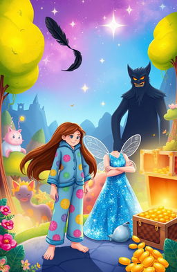 A whimsical illustration depicting a vibrant dream world from a children’s book titled "The Slumberland"