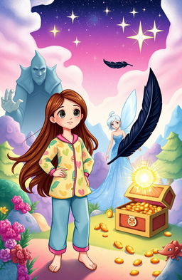 A whimsical illustration depicting a vibrant dream world from a children’s book titled "The Slumberland"