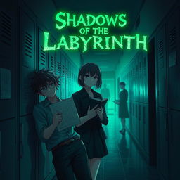 A dimly lit school hallway illuminated by an eerie green glow from cryptic symbols on lockers, hinting at dark secrets of the Labyrinth