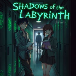 A dimly lit school hallway illuminated by an eerie green glow from cryptic symbols on lockers, hinting at dark secrets of the Labyrinth