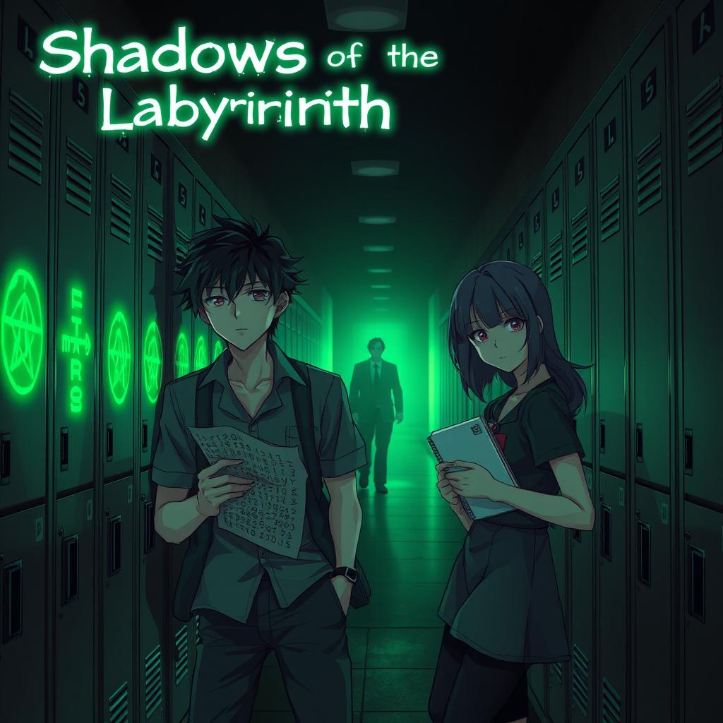 A dimly lit school hallway illuminated by an eerie green glow from cryptic symbols on lockers, hinting at dark secrets of the Labyrinth