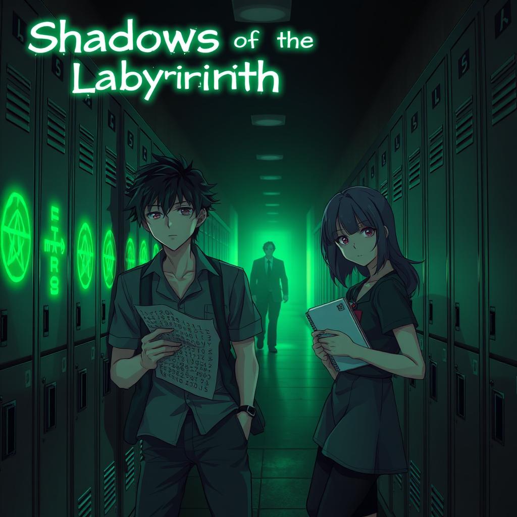 A dimly lit school hallway illuminated by an eerie green glow from cryptic symbols on lockers, hinting at dark secrets of the Labyrinth