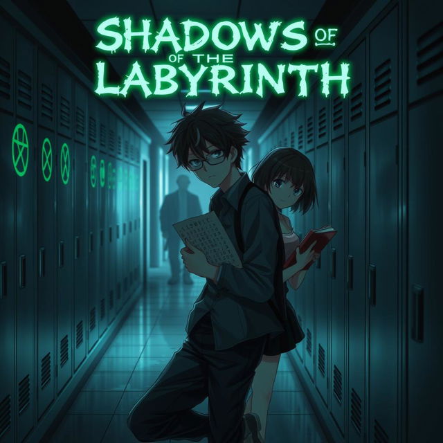 A dimly lit school hallway illuminated by an eerie green glow from cryptic symbols on lockers, hinting at dark secrets of the Labyrinth