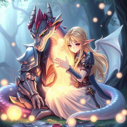 In a visually stunning anime style, a half-dragon knight with iridescent scales and fierce gaze sits peacefully, surrounded by an ethereal glow