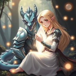 In a visually stunning anime style, a half-dragon knight with iridescent scales and fierce gaze sits peacefully, surrounded by an ethereal glow