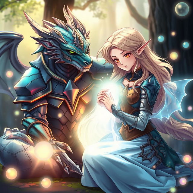 In a visually stunning anime style, a half-dragon knight with iridescent scales and fierce gaze sits peacefully, surrounded by an ethereal glow