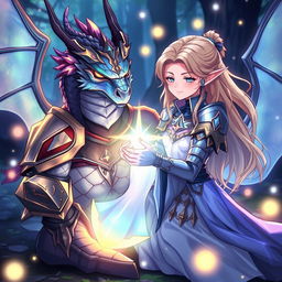 In a visually stunning anime style, a half-dragon knight with iridescent scales and fierce gaze sits peacefully, surrounded by an ethereal glow