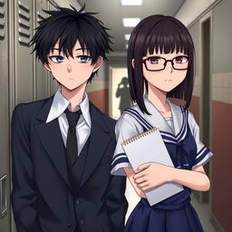 A high school boy with slightly messy black hair and sharp, calculating eyes, wearing a slightly disheveled sleek school uniform with a loose tie, casually leaning against a locker