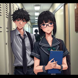 A high school boy with slightly messy black hair and sharp, calculating eyes, wearing a slightly disheveled sleek school uniform with a loose tie, casually leaning against a locker