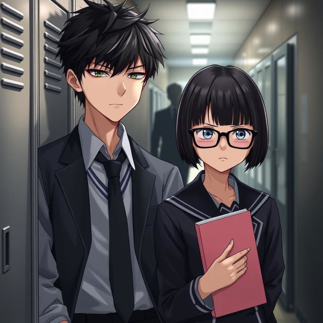 A high school boy with slightly messy black hair and sharp, calculating eyes, wearing a slightly disheveled sleek school uniform with a loose tie, casually leaning against a locker
