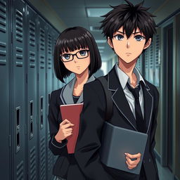 A high school boy with slightly messy black hair and sharp, calculating eyes, wearing a slightly disheveled sleek school uniform with a loose tie, casually leaning against a locker