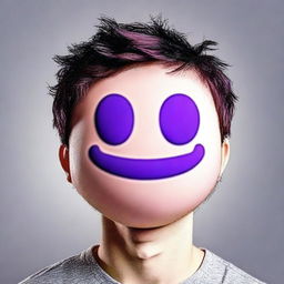 An ultra HD, high quality, hyper-realistic digital art image featuring an individual with a purple emoticon for a head