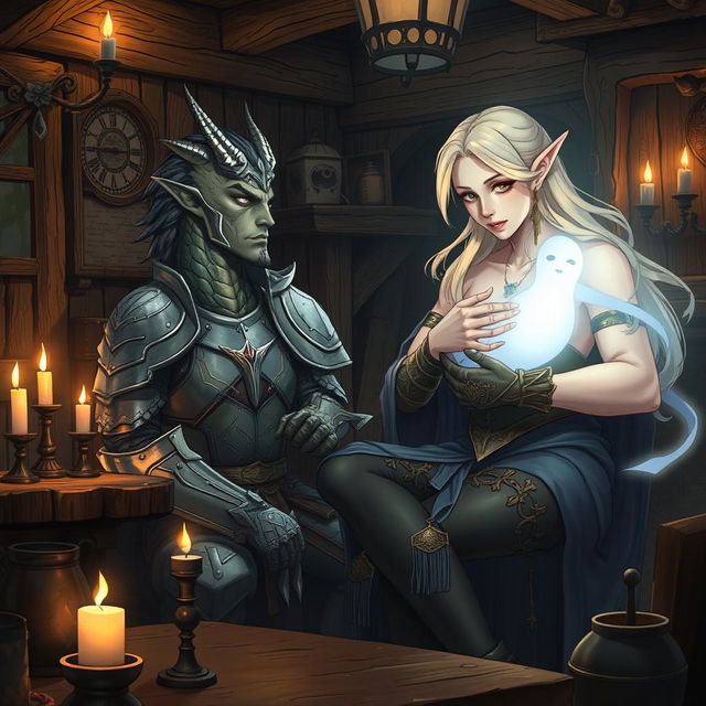 In a captivating anime style, a half-dragon knight with shimmering scales and a determined expression sits in a cozy tavern back-room