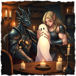 In a captivating anime style, a half-dragon knight with shimmering scales and a determined expression sits in a cozy tavern back-room