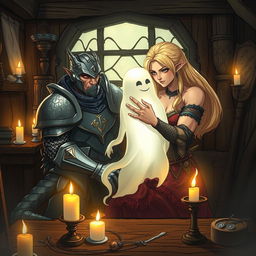 In a captivating anime style, a half-dragon knight with shimmering scales and a determined expression sits in a cozy tavern back-room