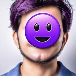 An ultra HD, high quality, hyper-realistic digital art image featuring an individual with a purple emoticon for a head