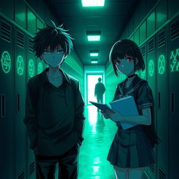 A dimly lit high school hallway bathed in eerie green light, lined with lockers glowing with cryptic symbols, creating a tense scene