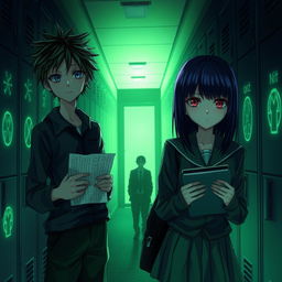 A dimly lit high school hallway bathed in eerie green light, lined with lockers glowing with cryptic symbols, creating a tense scene